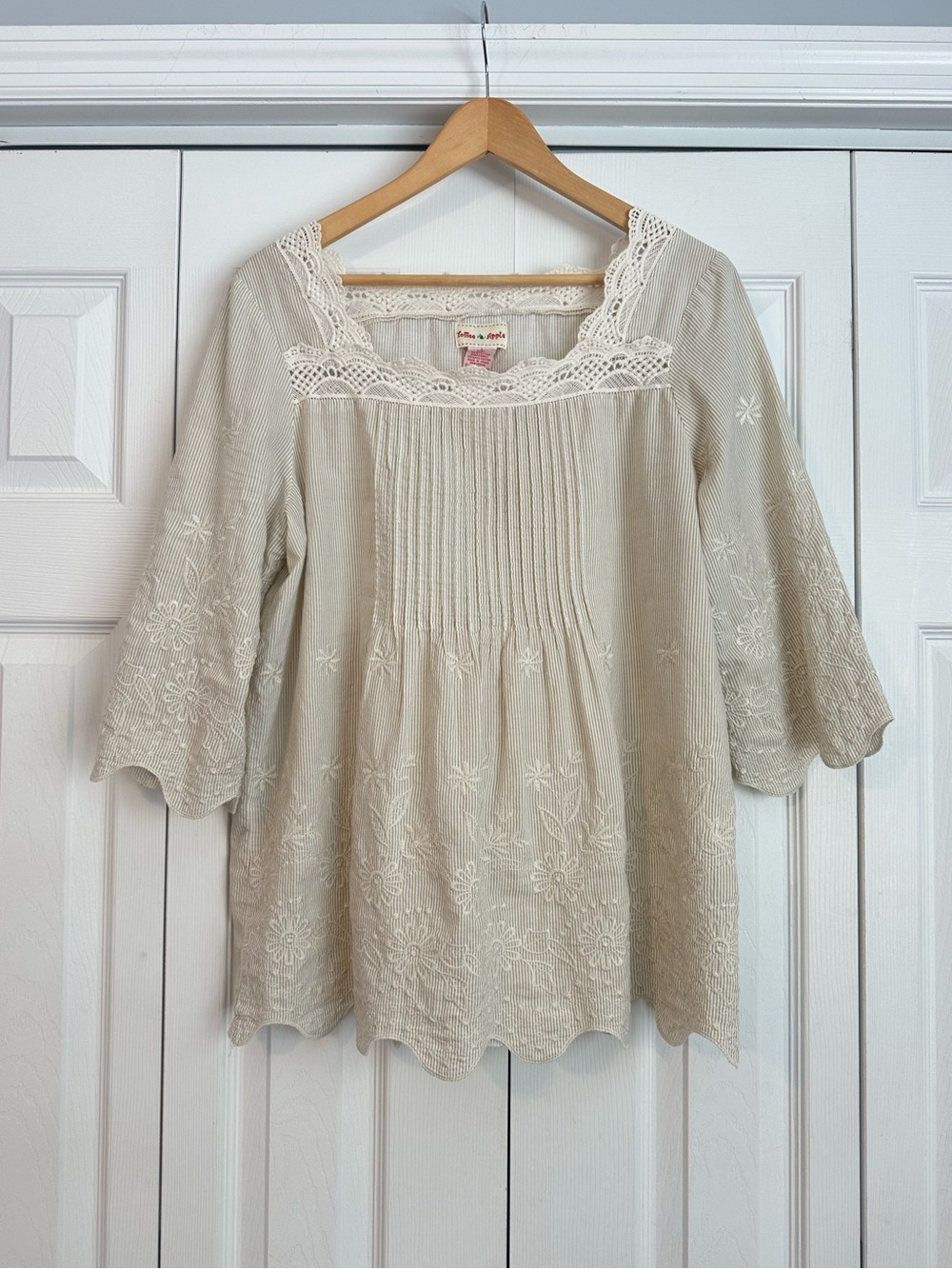 100% Cotton Toffee Apple Cream Lace-Trim Top, Size Large
